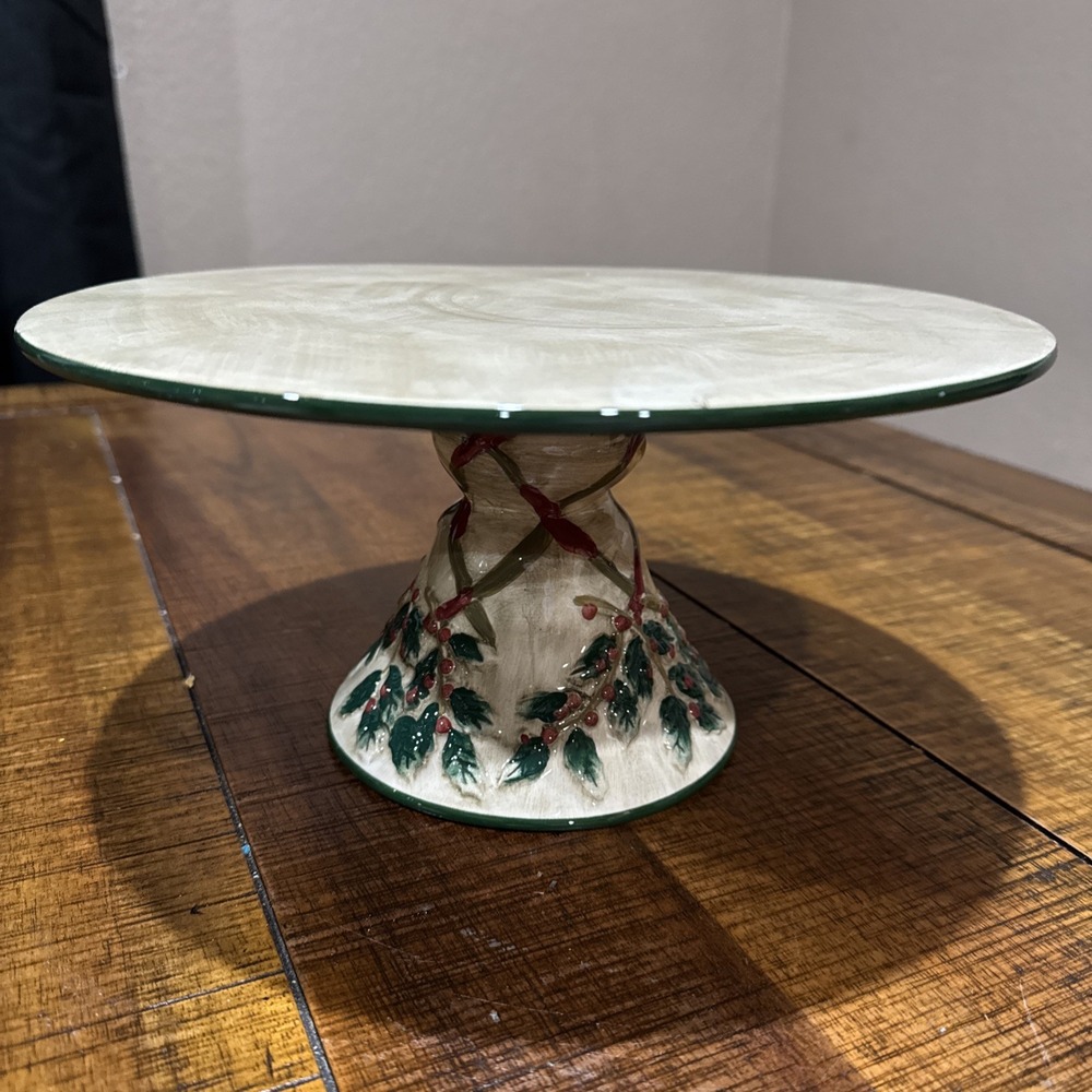 Hand Painted Christmas Holly  & Berries Cake Dessert Stand Platter‎ New 11"
